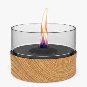 Home 1 Tenderflame Café 18 Oak – Stijlvolle rookvrije tafelhaard van eikenhout en glas voor binnen en buiten.